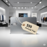 A platinum credit card with a price tag that says '$99 Annual Fee', symbolizing the core question of whether the card is worth its cost.