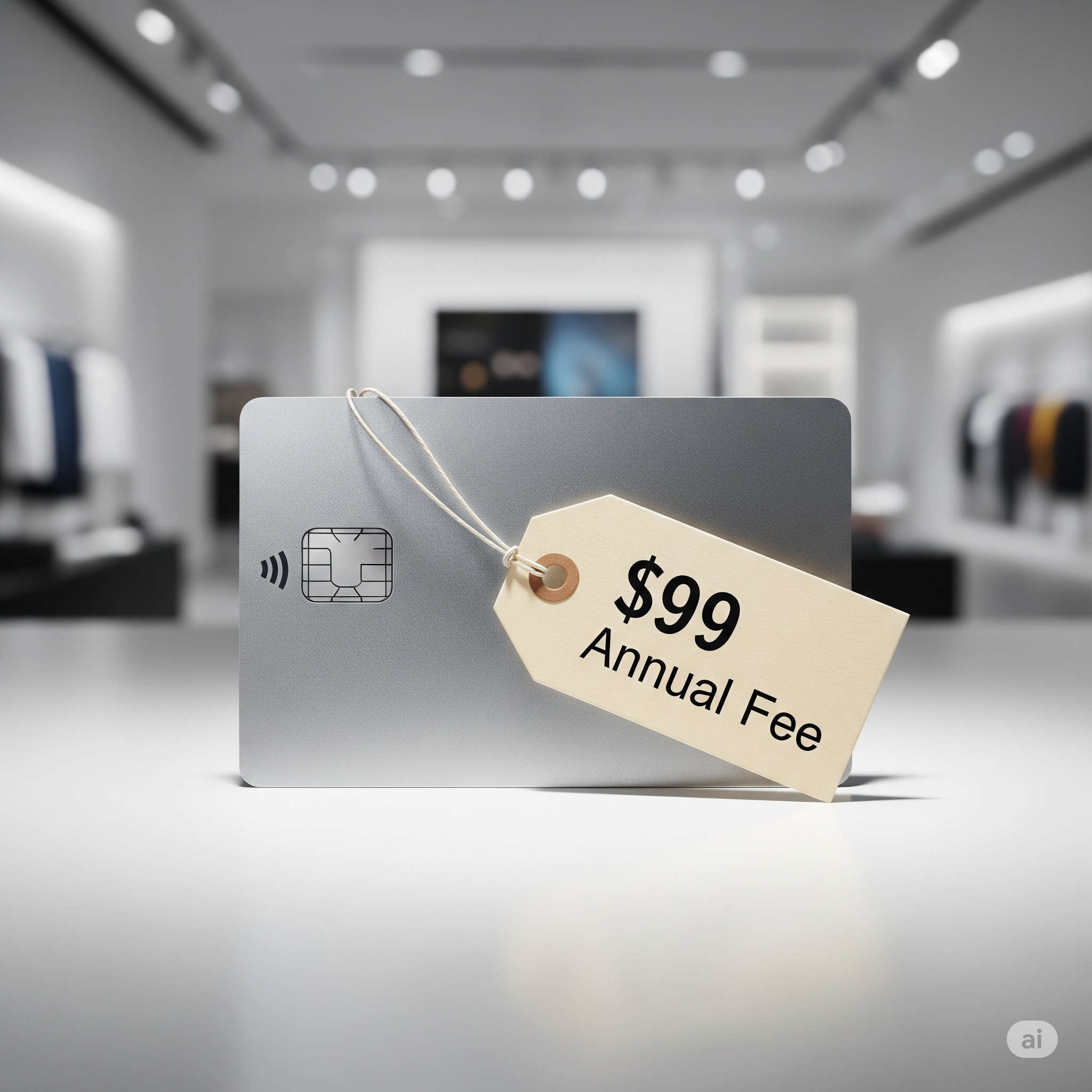 A platinum credit card with a price tag that says '$99 Annual Fee', symbolizing the core question of whether the card is worth its cost.