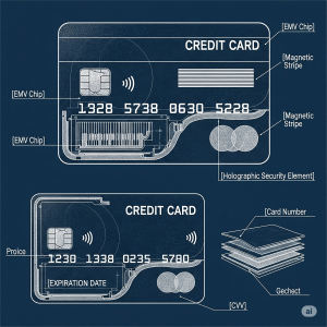 A technical blueprint of a generic credit card, showing its components like the EMV chip and magnetic stripe to define what it is.