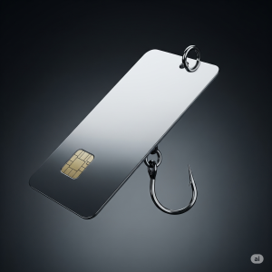A fishing lure shaped like a platinum credit card, symbolizing a financial product that acts as bait with a hidden, dangerous hook.
