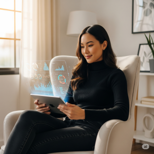 A female digital entrepreneur sitting in an armchair, calmly reviewing a holographic financial dashboard projected from her tablet.