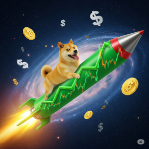 A Shiba Inu dog, representing the Dogecoin meme, joyfully riding a green stock market graph that is soaring like a rocket, with Dogecoin coins and dollar signs floating in the background against a digital space theme.