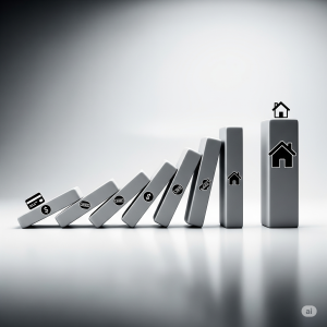 A domino effect where a small credit card choice leads to larger life goals like a house, symbolizing the long-term impact of good financial decisions.