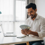 A happy person counting money with a laptop and smartphone, symbolizing easy online income.
