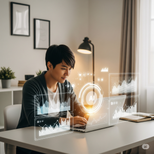 A young entrepreneur at his desk using a laptop with a holographic AI interface displaying financial charts and data.