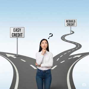 A person standing at a fork in the road, symbolizing the difficult choice between credit card options like Credit One and Capital One when rebuilding credit.