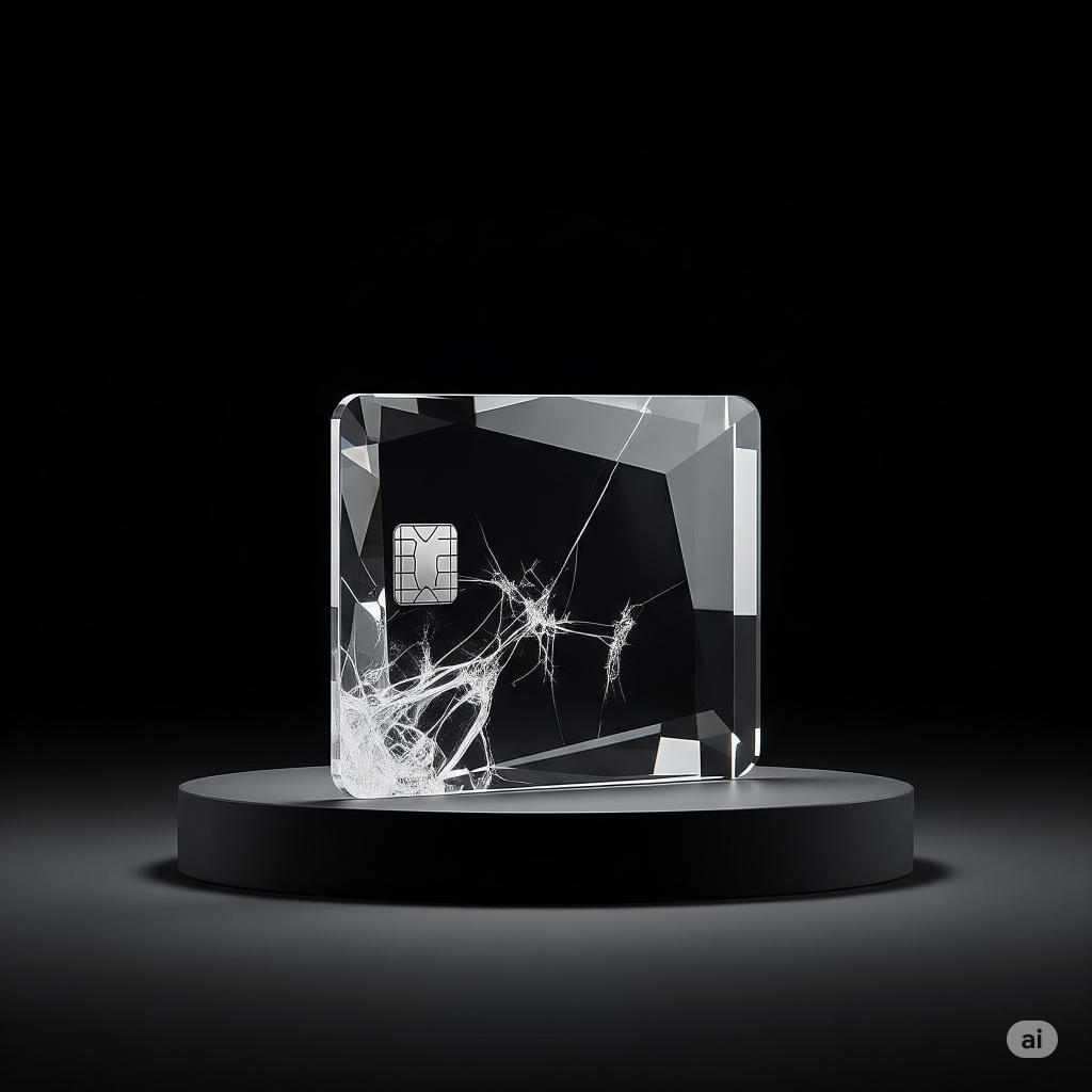 A conceptual image of a clear crystal credit card with internal fractures, symbolizing a financial product that appears pure but is fundamentally flawed.