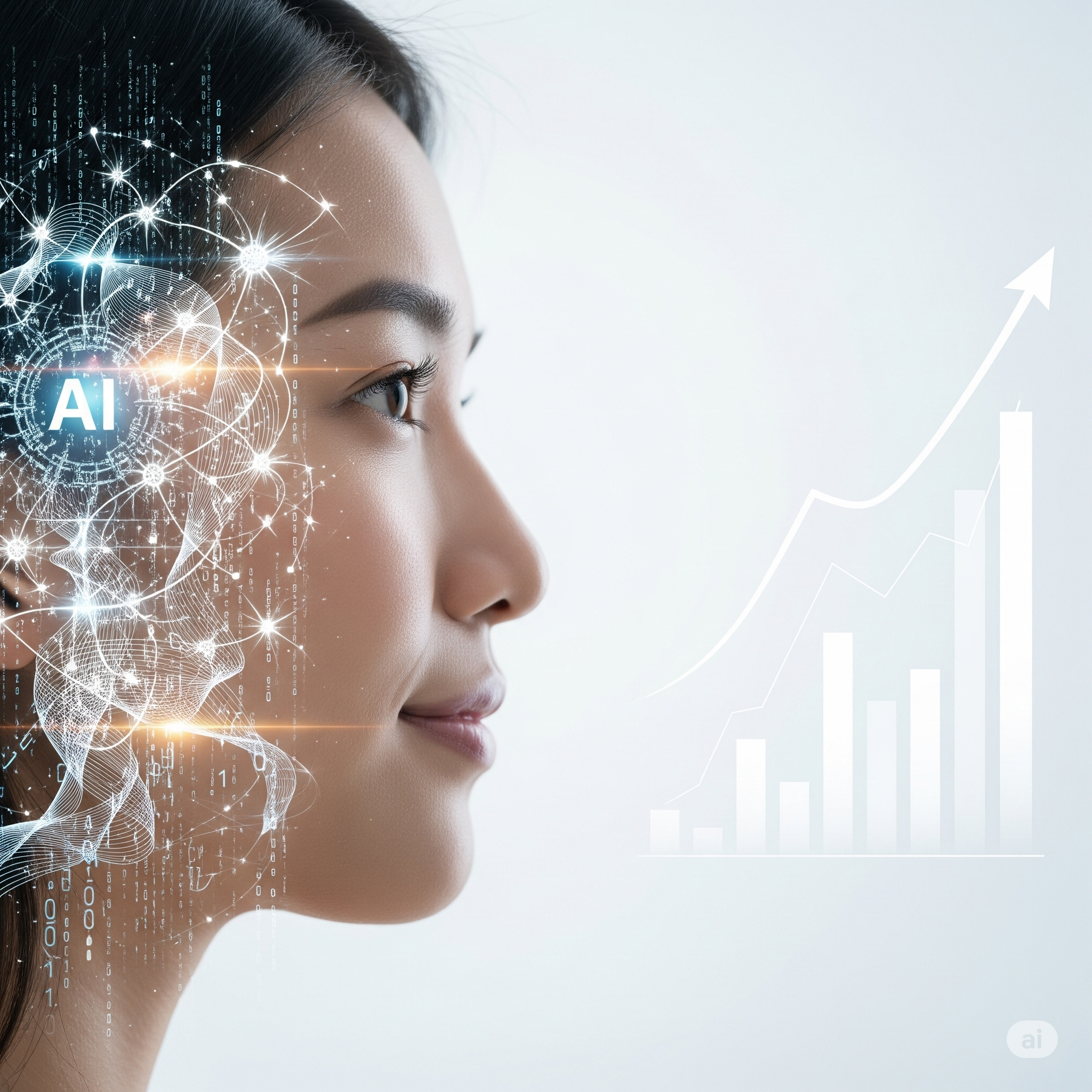 A conceptual image of a person's profile with a neural network pattern overlaid, symbolizing a human-AI partnership for financial growth.