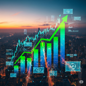 Stylized image of growth charts and digital elements over a cityscape, representing investment in the digital economy.