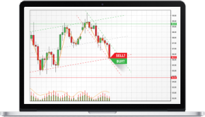 A laptop displaying a financial trading chart with red and green candlesticks, trend lines, and a 'SELL? BUY?' prompt on the screen. The interface suggests an online trading platform."