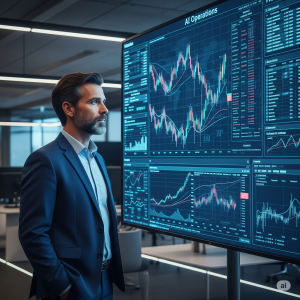 A man intently observes a large, high-resolution screen displaying intricate financial trading graphs and data visualizations. The man, in a suit, stands on a modern trading floor, watching a complex AI algorithm autonomously execute real-time trading operations, conveying a sense of technological advancement and focused observation.