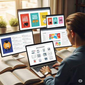 A person working on a laptop, surrounded by digital screens showing online course outlines and e-book covers.