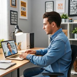 A person teaching online via video call, demonstrating online tutoring and coaching.