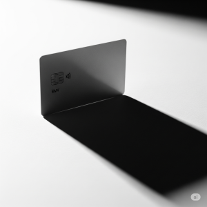 A clean, platinum-colored credit card casting a long, dark shadow, symbolizing the hidden fees and risks of the product.