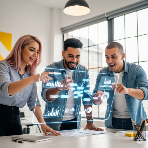 A diverse team of entrepreneurs collaborating around a large holographic screen displaying a mind map and business data.


