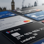 A flat lay of several generic credit cards with chips, in shades of navy blue, black, and silver, arranged diagonally on a dark surface. In the background, the London skyline is blurred with Big Ben visible, creating a professional atmosphere for a financial analysis.
