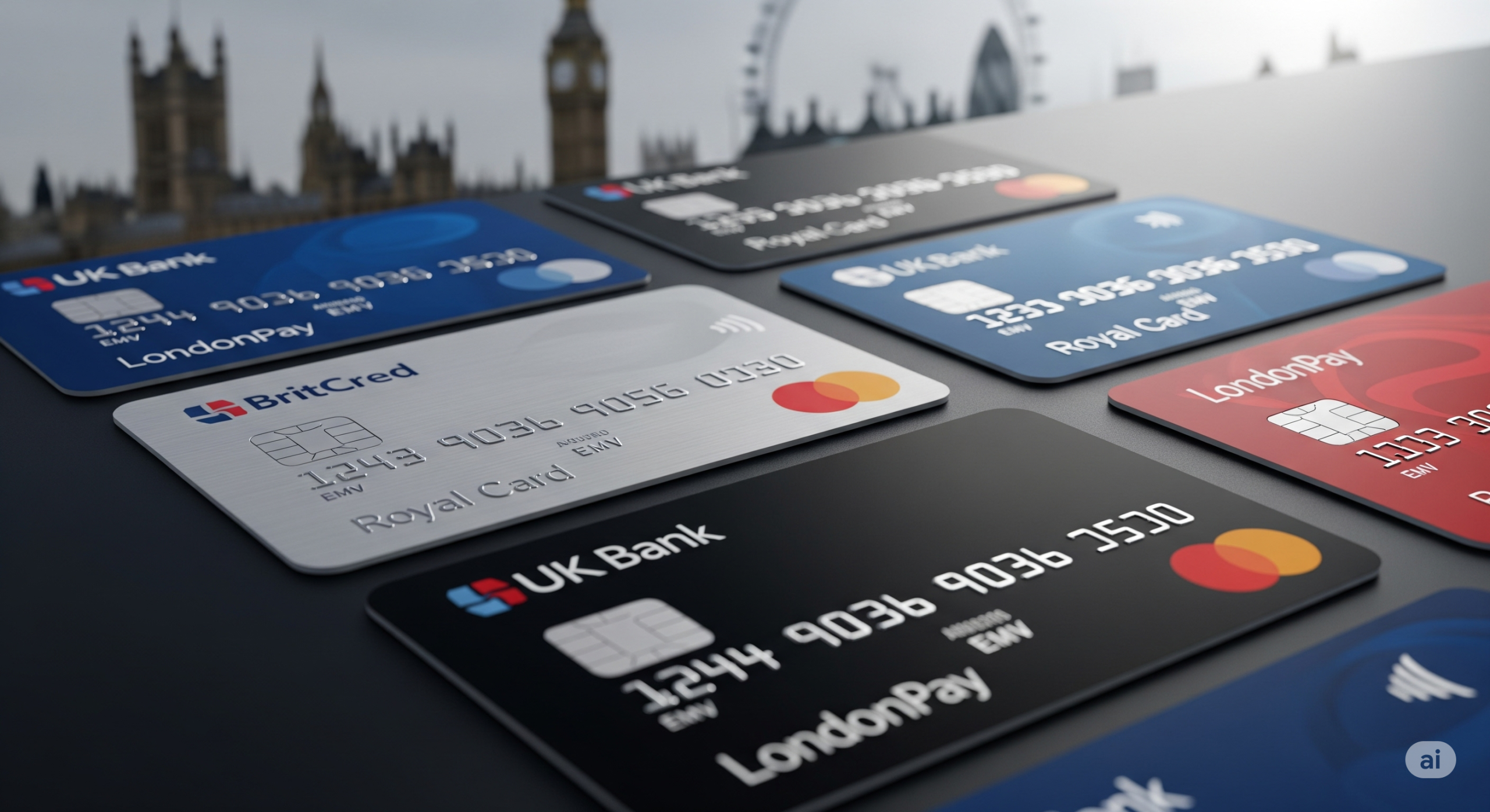 A flat lay of several generic credit cards with chips, in shades of navy blue, black, and silver, arranged diagonally on a dark surface. In the background, the London skyline is blurred with Big Ben visible, creating a professional atmosphere for a financial analysis.