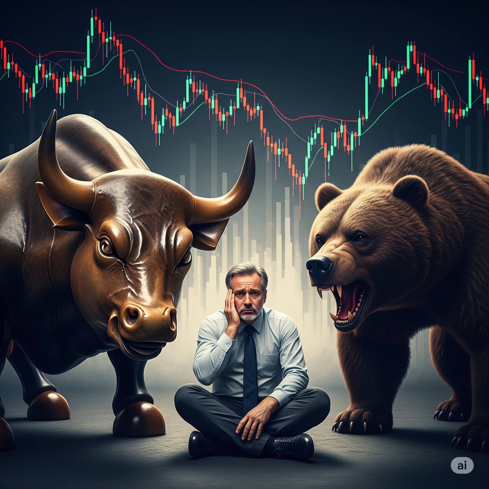A frustrated investor sits on the floor caught between a large bull and a snarling bear, with volatile stock market charts in the background. This represents the common mistakes and stress faced by beginners navigating the market's highs and lows.
