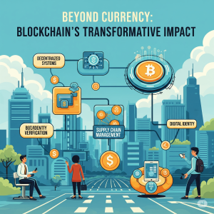 An illustration titled "Beyond Currency: Blockchain's Transformative Impact," showing various applications of blockchain technology like supply chain management, digital identity, and decentralized systems connected in a futuristic cityscape.