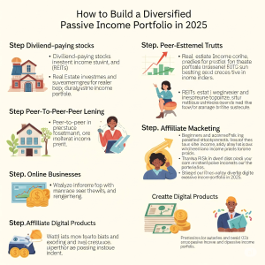 An infographic titled "How to Build a Diversified Passive Income Portfolio in 2025," illustrating different steps like dividend-paying stocks, peer-to-peer lending, and affiliate marketing.