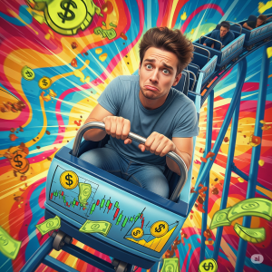 An investor with a panicked expression on a financial rollercoaster, with market charts on the cart and money flying around. The image represents the concept of emotional investing and the impulsive decisions caused by market volatility.