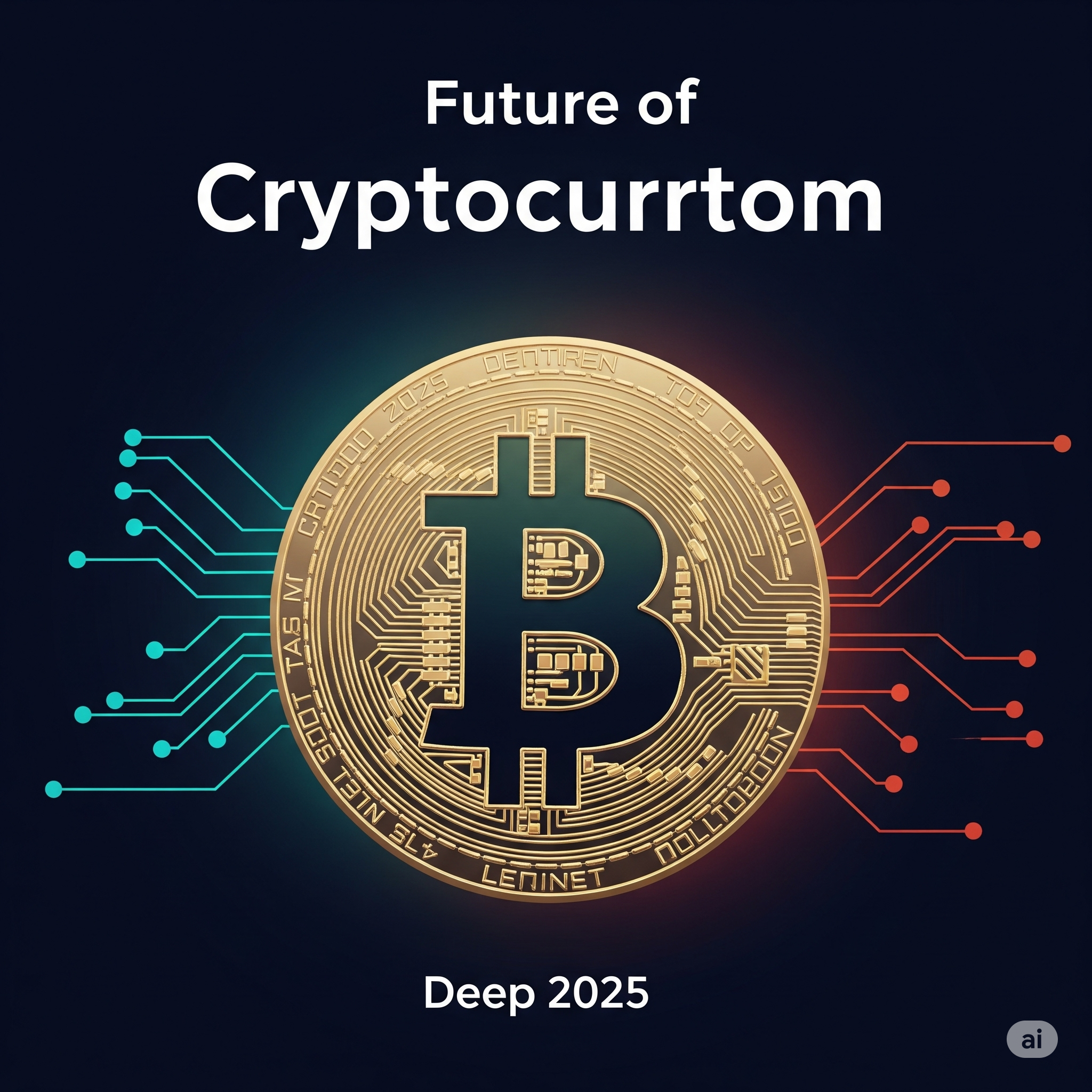 An image representing the future of cryptocurrency, featuring a golden Bitcoin coin at the center with glowing blue and red circuit lines branching out from its sides on a dark background.