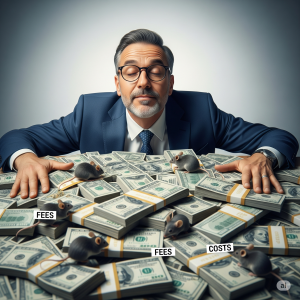 An investor proudly looks at a large pile of money, failing to notice small mice labeled 'fees' and 'costs' nibbling away at the edges. This image illustrates how hidden costs and fees can erode investment returns if ignored.