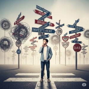 A young investor standing at a crossroads, surrounded by confusing and tangled road signs pointing in various directions, symbolizing the lack of a clear investment strategy and confusion when making financial decisions.
