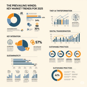 An infographic titled "The Prevailing Winds: Key Market Trends for 2025," displaying various charts and graphs about AI, digital transformation, and sustainable practices.