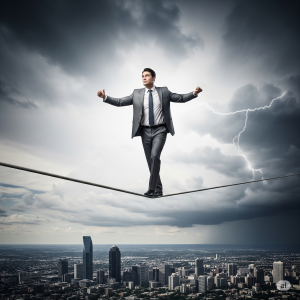An investor in a suit confidently walks a high tightrope over a city without a safety net, under a dark and stormy sky. This represents the dangers of neglecting risks and proper risk management in investing.
