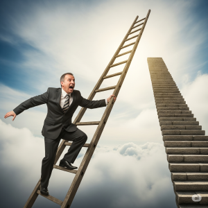 An overconfident investor hastily climbs a shaky, rickety ladder towards the clouds, ignoring a safe and sturdy staircase nearby. The image symbolizes the dangers of overconfidence and lack of patience in investing, choosing a risky, quick path over a slow, steady one.