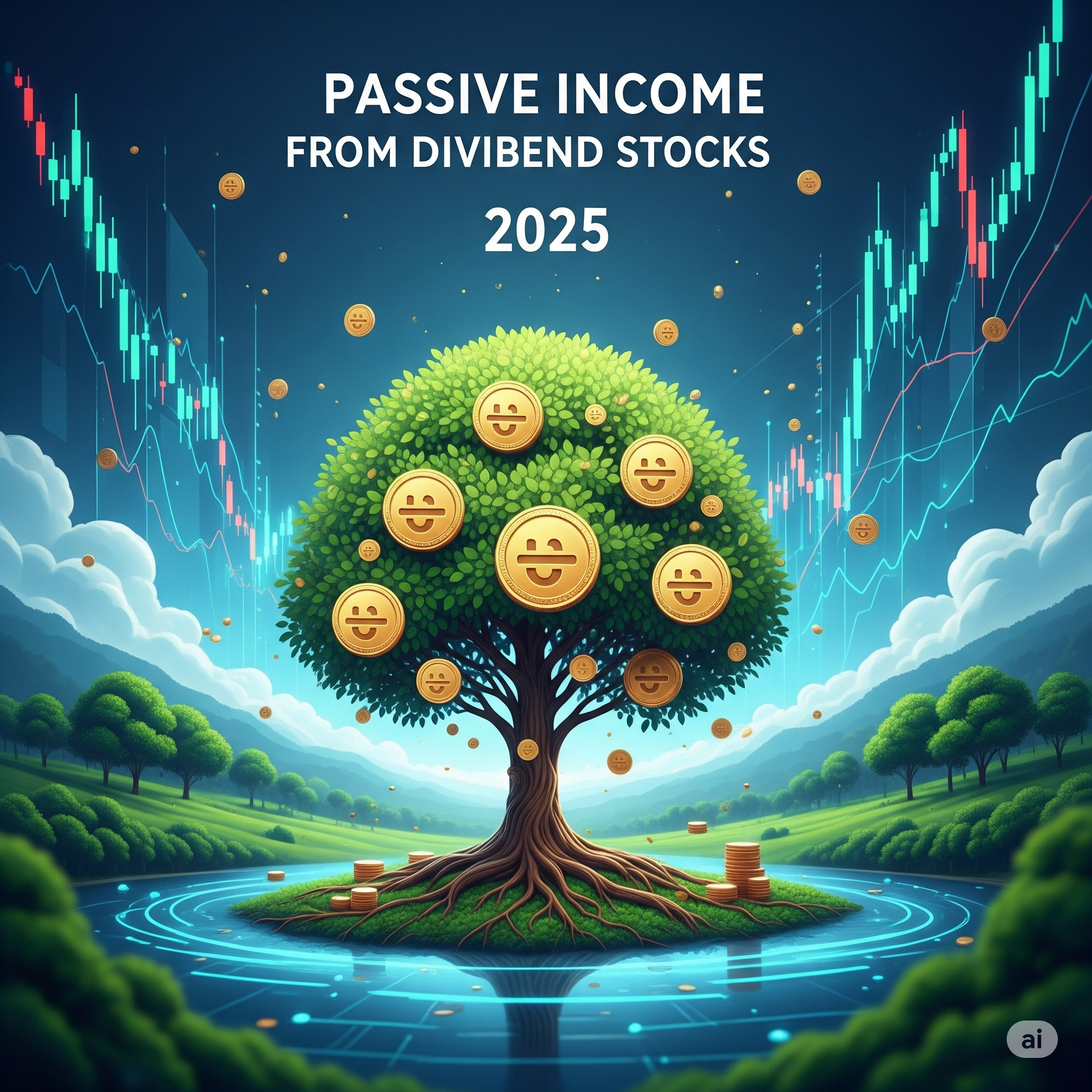 A money tree with coins growing on it, symbolizing passive income from dividend stocks in 2025, with rising stock market charts in the background.