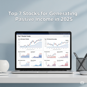 A laptop on a desk displaying a dashboard with charts and graphs titled "Top 7 Stocks for Generating Passive Income in 2025.