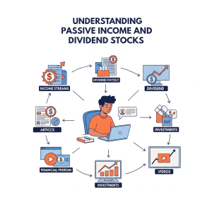 An infographic titled "Understanding Passive Income and Dividend Stocks," showing a person at a laptop surrounded by icons representing income streams, dividend payouts, and investments.