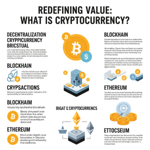 An infographic titled "Redefining Value: What is Cryptocurrency?" explaining the core concepts of crypto, including decentralization and blockchain, with icons representing Bitcoin and Ethereum.
