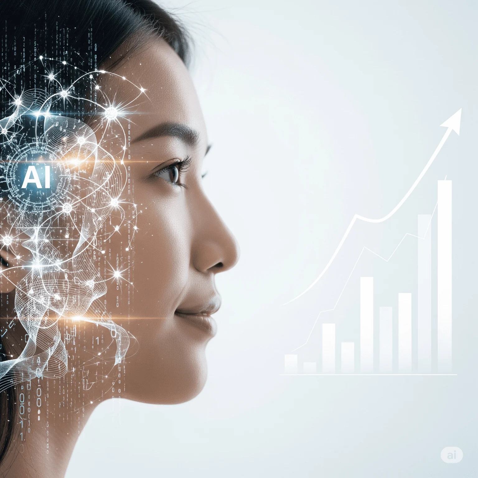 A conceptual image of a person's profile with a neural network pattern overlaid, symbolizing a human-AI partnership for financial growth.
